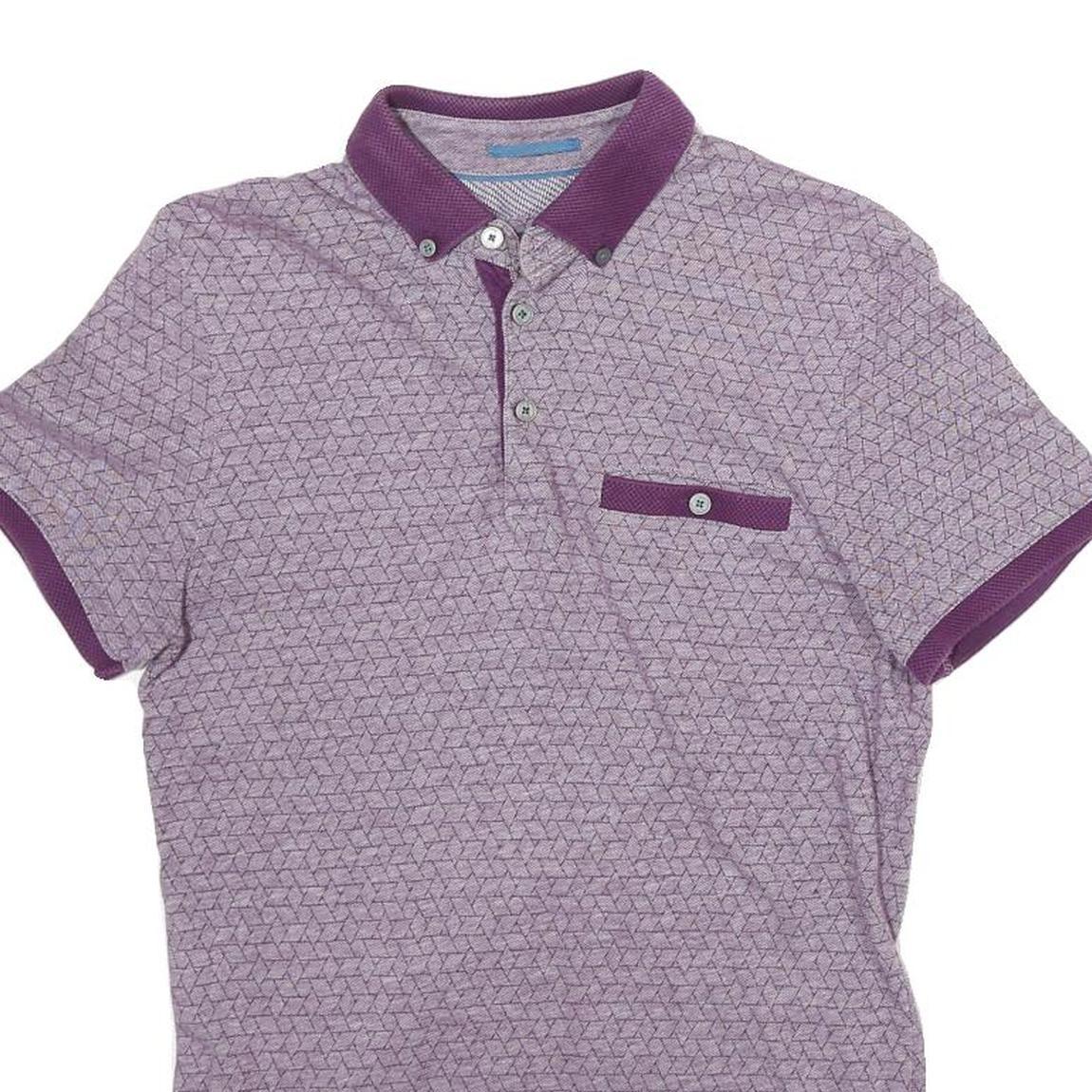TED BAKER Mens Purple Polo Shirt Short Sleeve Geometric Print S Button Collar