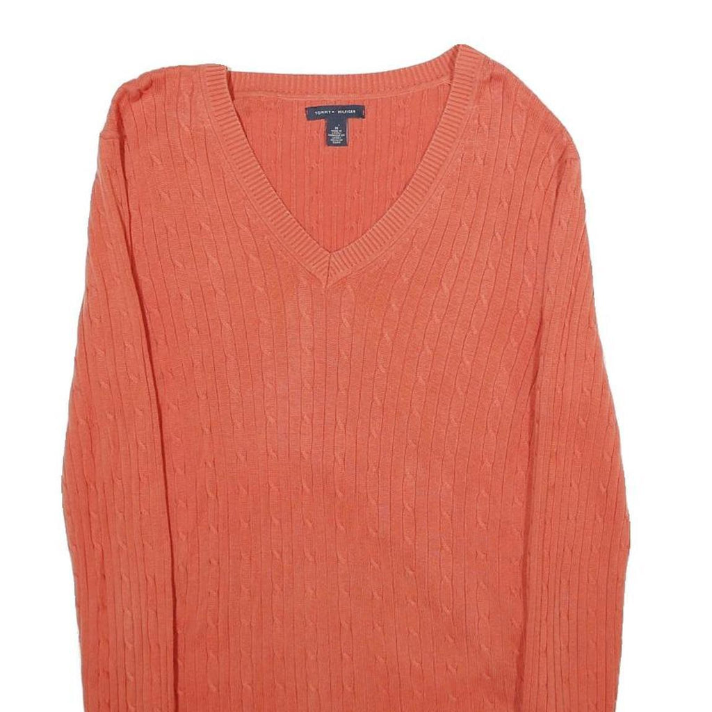 TOMMY HILFIGER Womens Coral Pink Plain Cable Knit V-Neck Jumper M Cotton