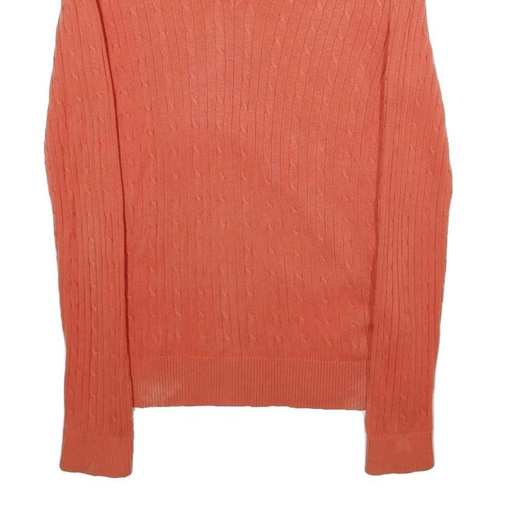 TOMMY HILFIGER Womens Coral Pink Plain Cable Knit V-Neck Jumper M Cotton