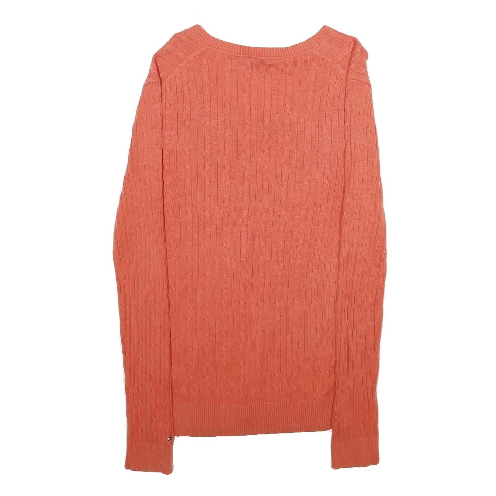 TOMMY HILFIGER Womens Coral Pink Plain Cable Knit V-Neck Jumper M Cotton