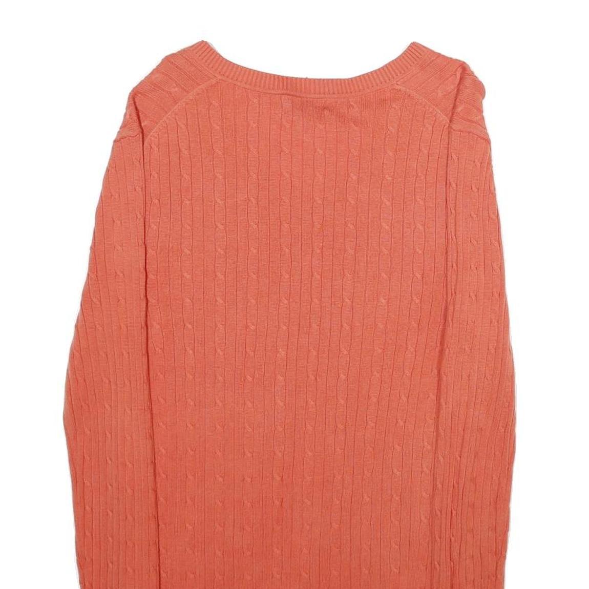 TOMMY HILFIGER Womens Coral Pink Plain Cable Knit V-Neck Jumper M Cotton