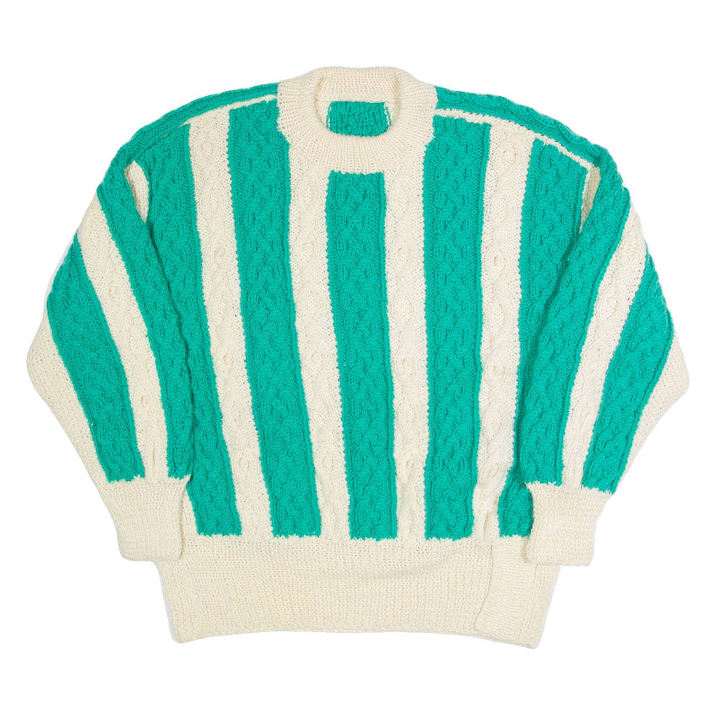 Womens Aran Jumper Cream Striped 90s Cable Knit L