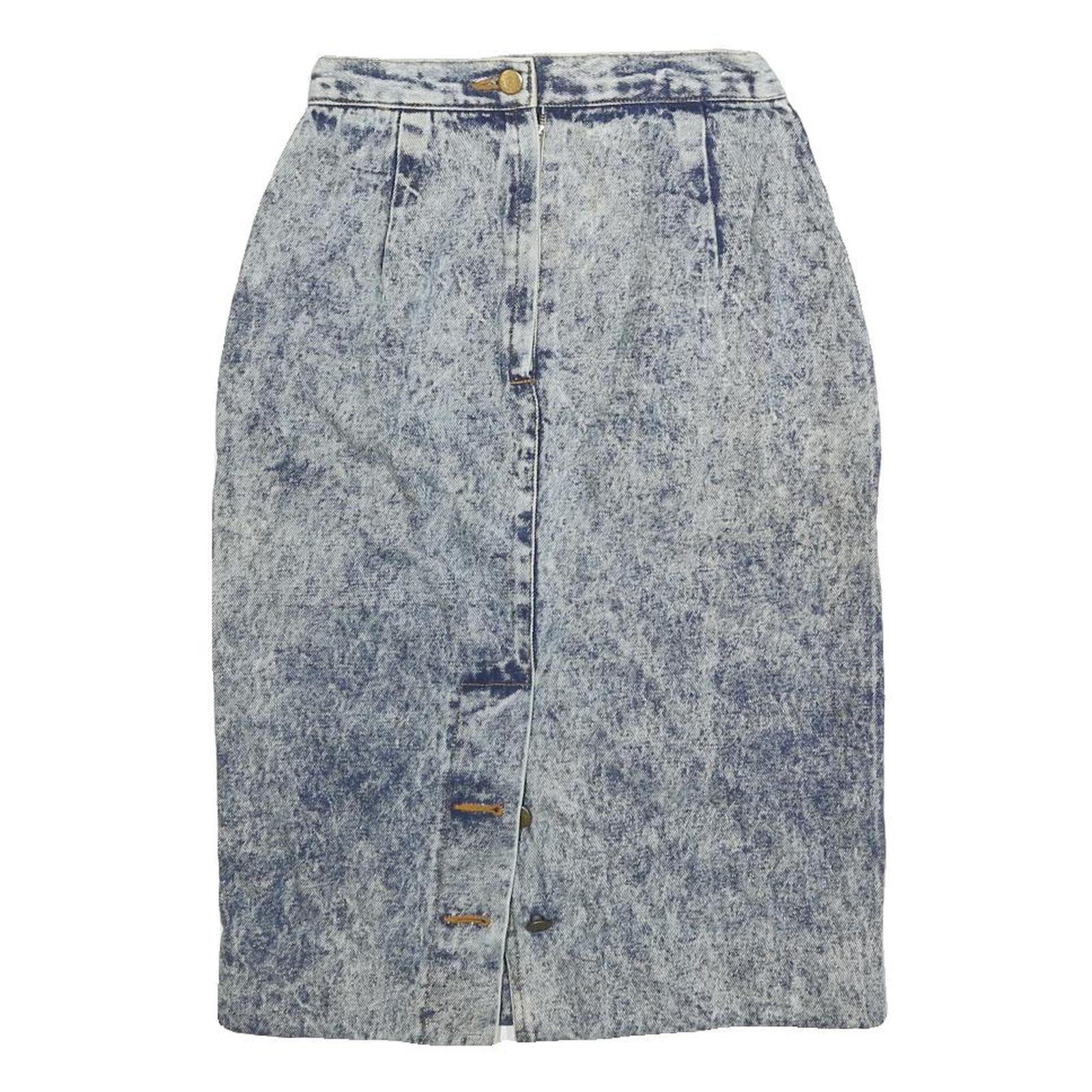 Womens Blue Acid Wash Pencil Knee Length Cotton Blend Skirt XS Button Front