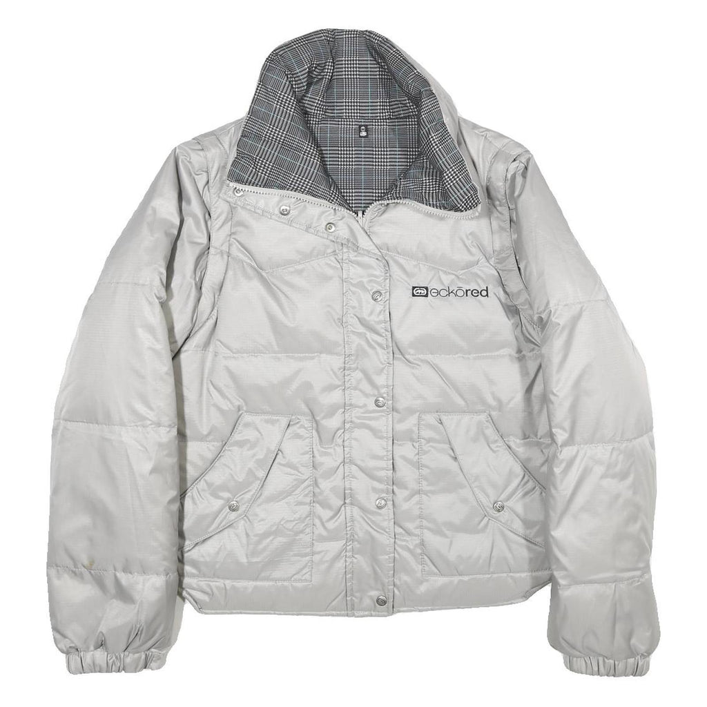 ECKO UNLTD Womens Silver & Black Reversible Puffer Jacket L Nylon Zip Check