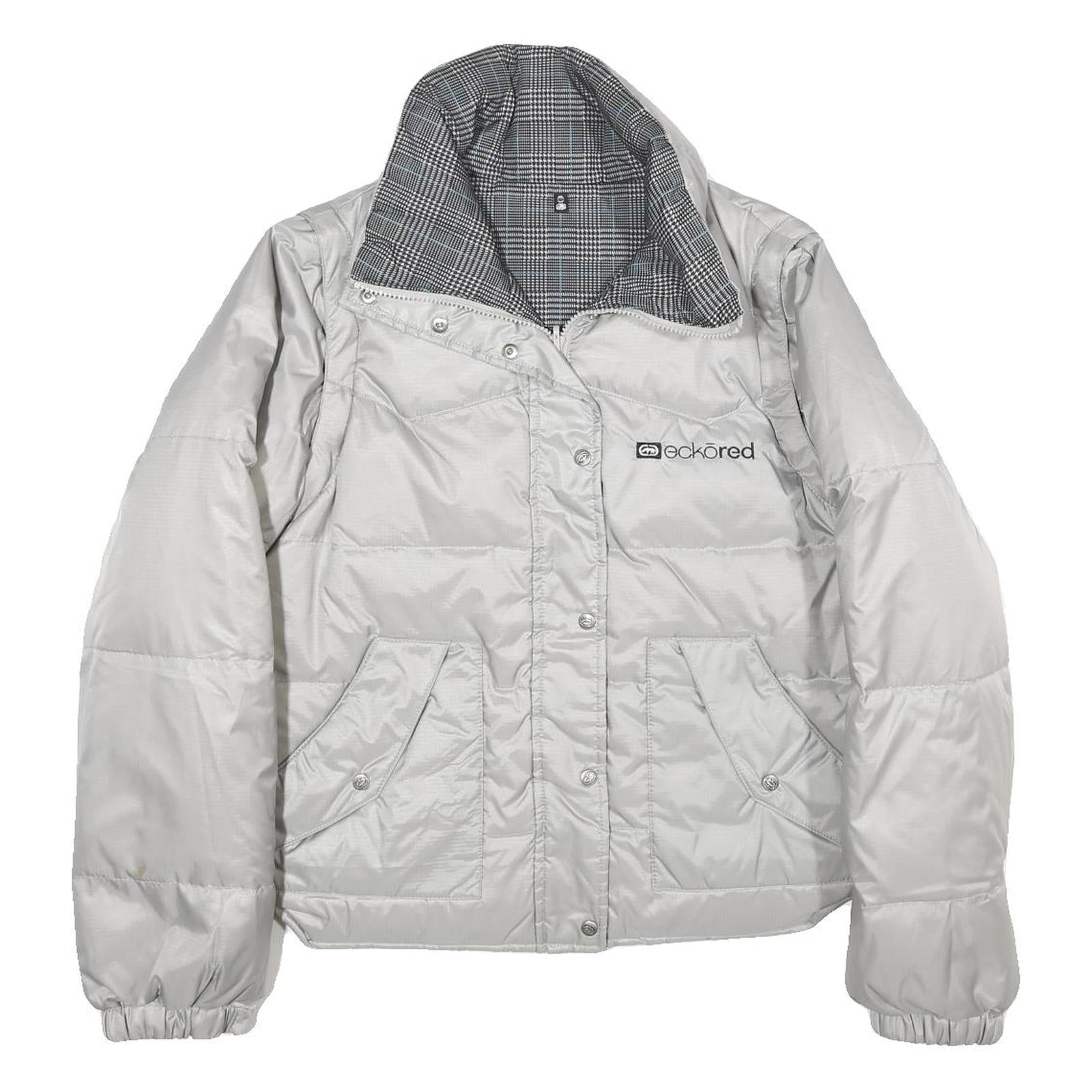ECKO UNLTD Womens Silver & Black Reversible Puffer Jacket L Nylon Zip Check