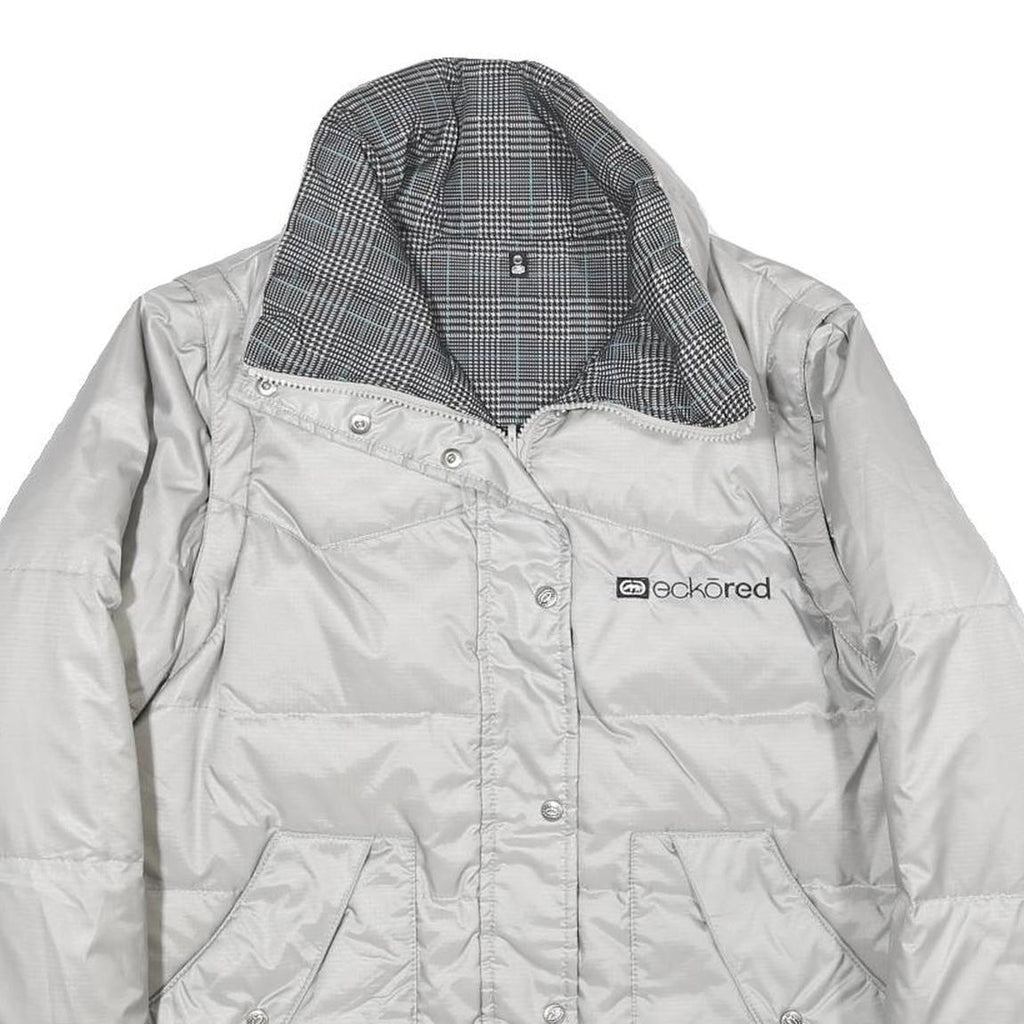 ECKO UNLTD Womens Silver & Black Reversible Puffer Jacket L Nylon Zip Check