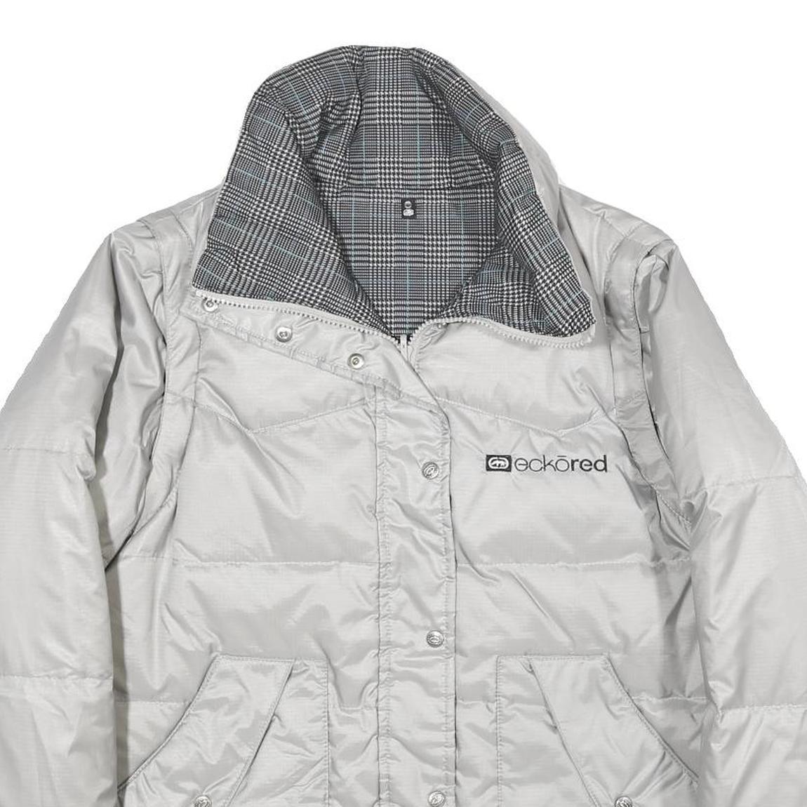 ECKO UNLTD Womens Silver & Black Reversible Puffer Jacket L Nylon Zip Check