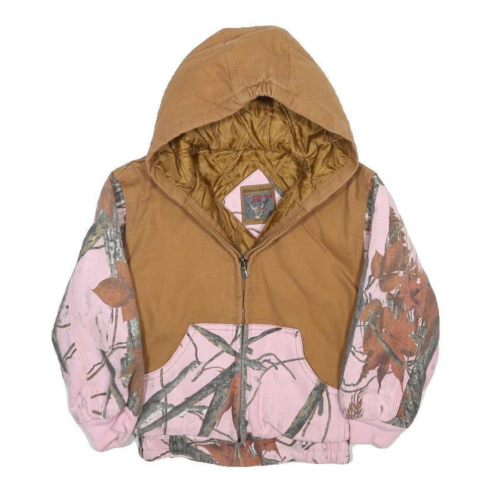 OUTDOOR HABITAT Girls Brown & Pink Cotton Hooded Jacket 4Y Camouflage Zip Pocket