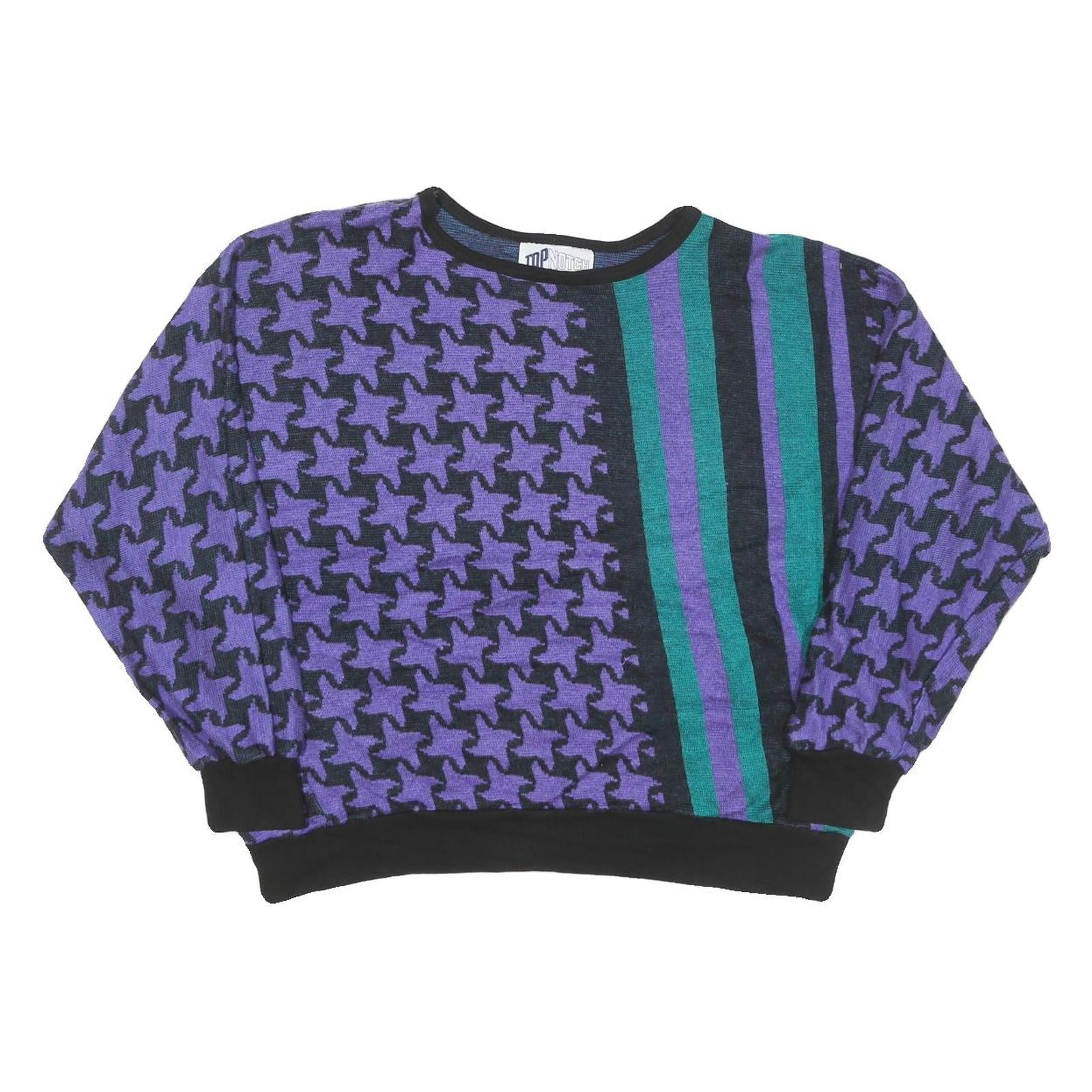 TOP NOTCH Womens Purple Green Patterned Jumper Crew Neck Basic Knit M Vintage