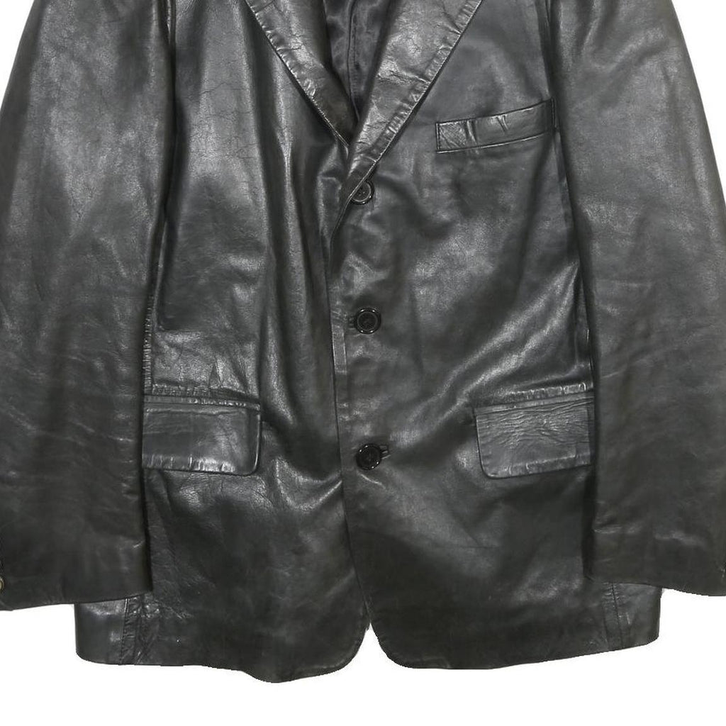 VMC Mens Black Leather Jacket L Plain Button Closure Classic Fit