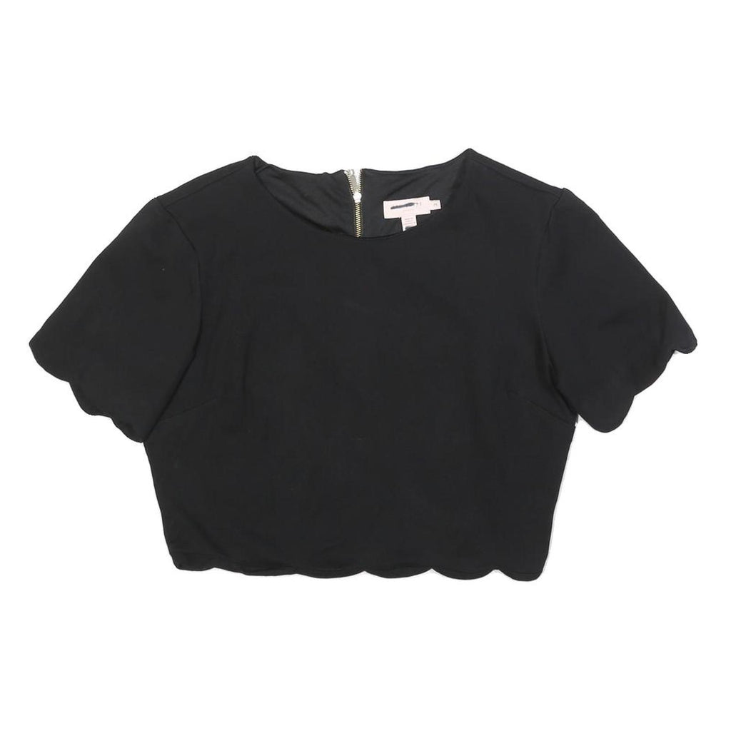 TED BAKER Womens Black Cropped Top Short Sleeve Round Neck Scalloped Hem M