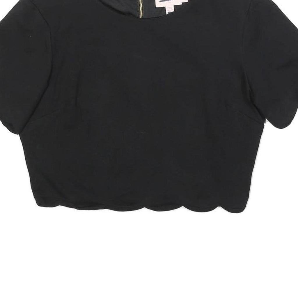 TED BAKER Womens Black Cropped Top Short Sleeve Round Neck Scalloped Hem M