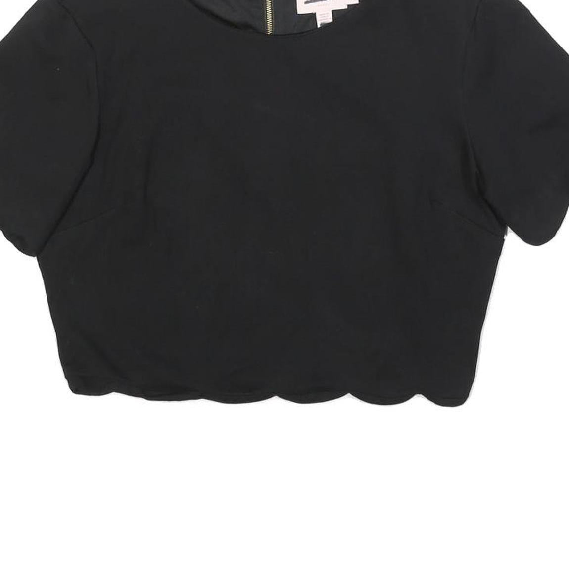 TED BAKER Womens Black Cropped Top Short Sleeve Round Neck Scalloped Hem M