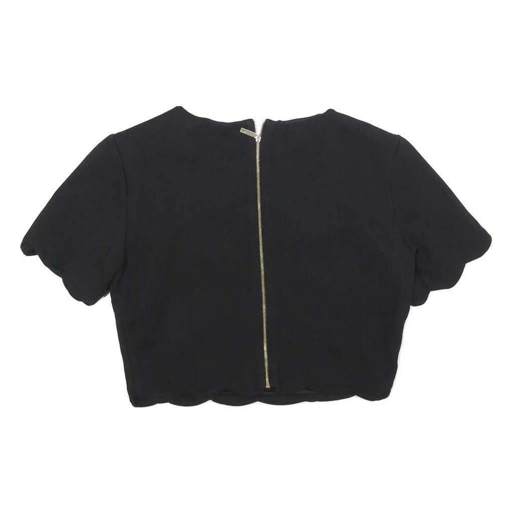 TED BAKER Womens Black Cropped Top Short Sleeve Round Neck Scalloped Hem M