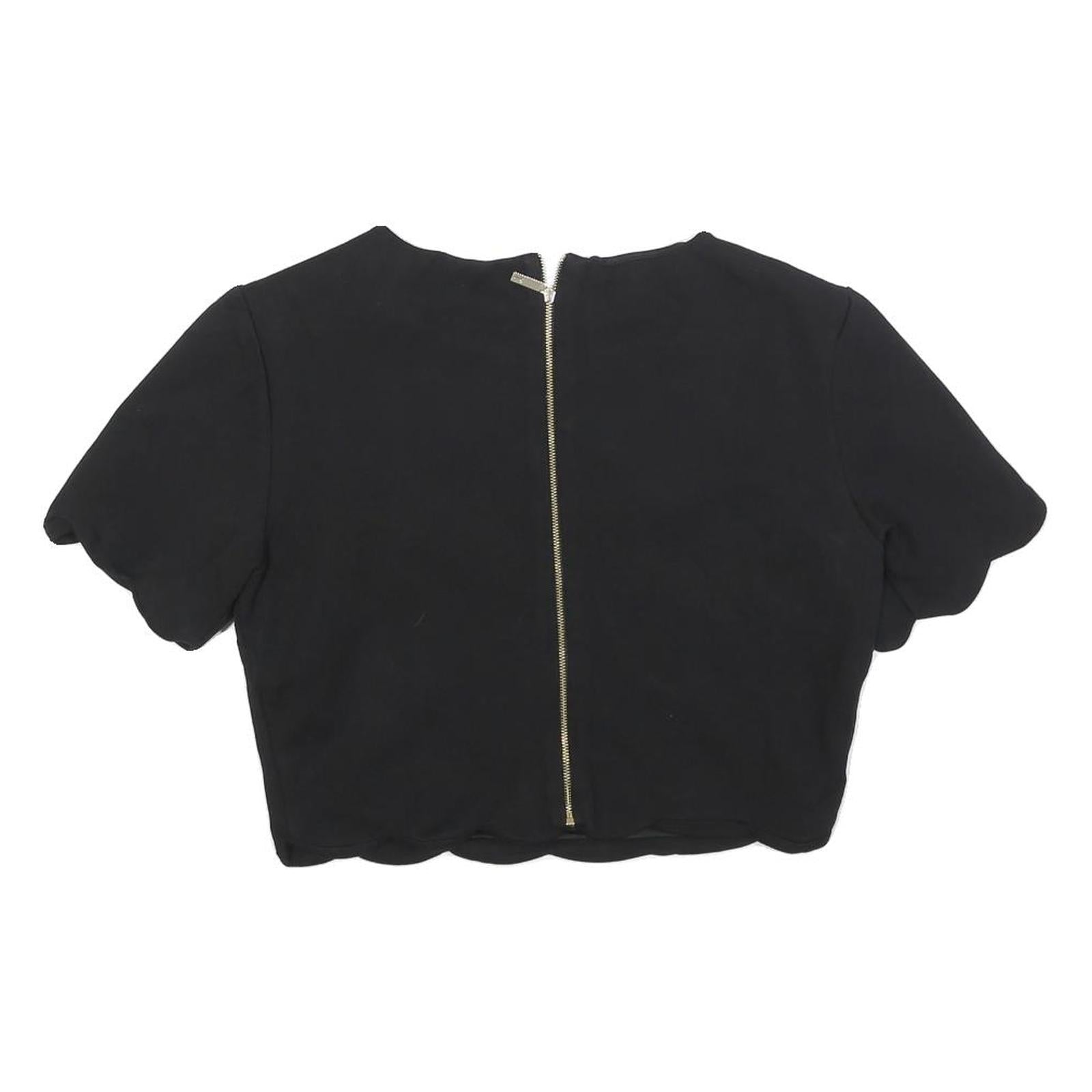 TED BAKER Womens Black Cropped Top Short Sleeve Round Neck Scalloped Hem M