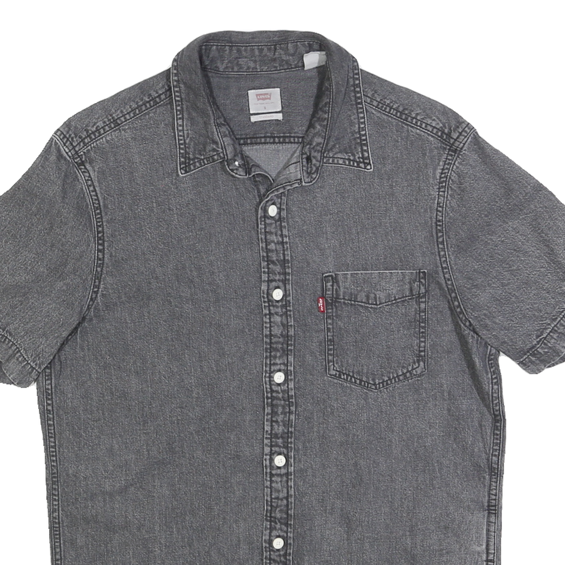 LEVI'S Mens Grey & Black Denim Shirt S Cotton Short Sleeve Casual