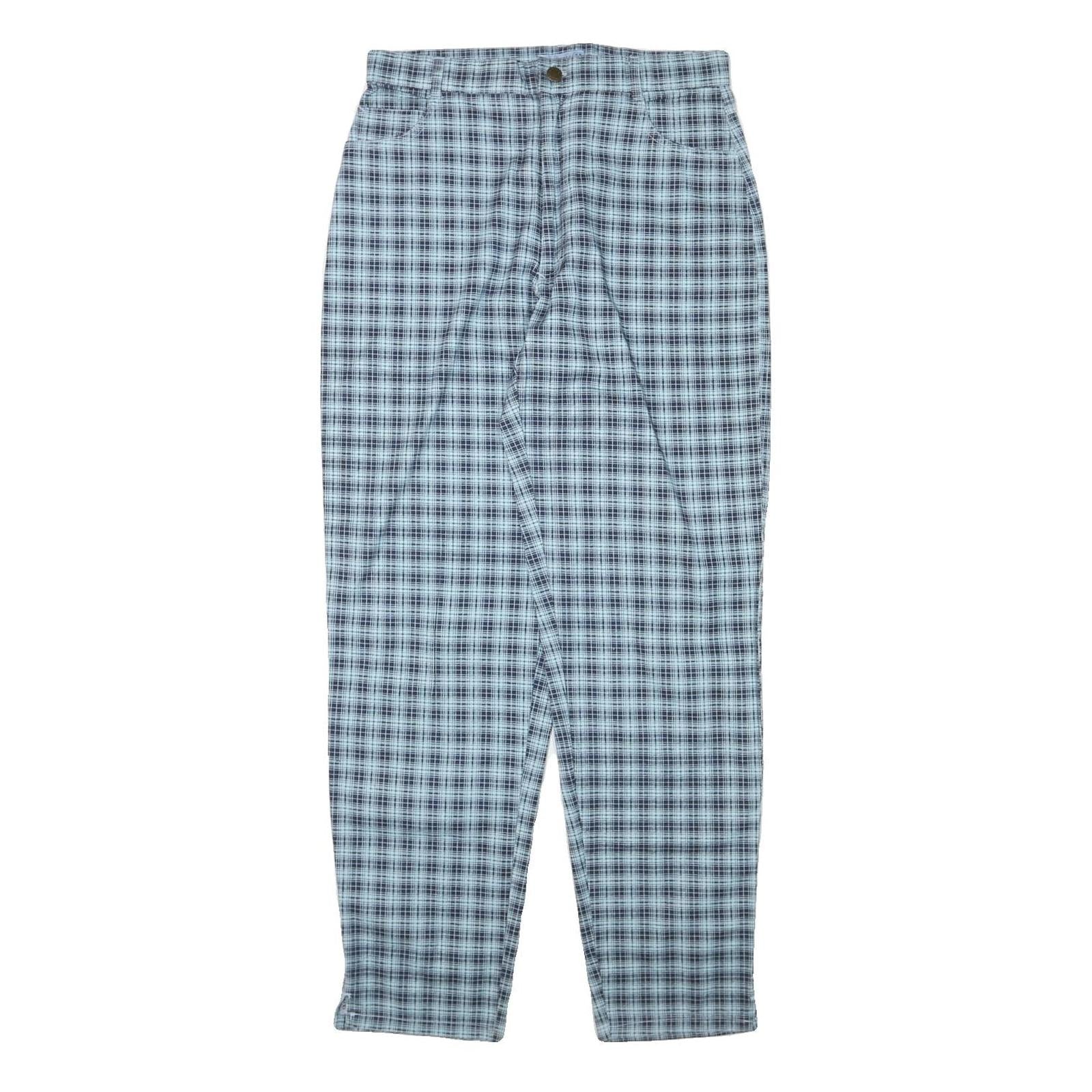 GREENVILLAGE Womens Cotton Blend Blue Plaid Relaxed Straight Trousers W30 L30