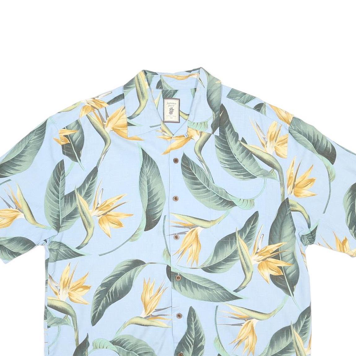 JAMAICA JAXX Mens Blue & Green Floral Silk Shirt L Summer Vacation Casual