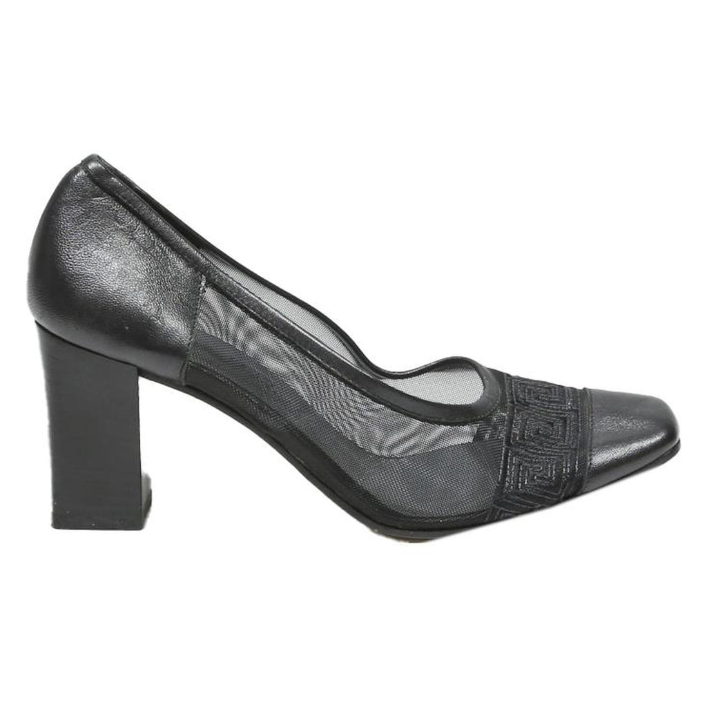 A.BERTI Womens Black Leather Block Heel Court Shoes UK 1 Mesh Trimmed Stylish