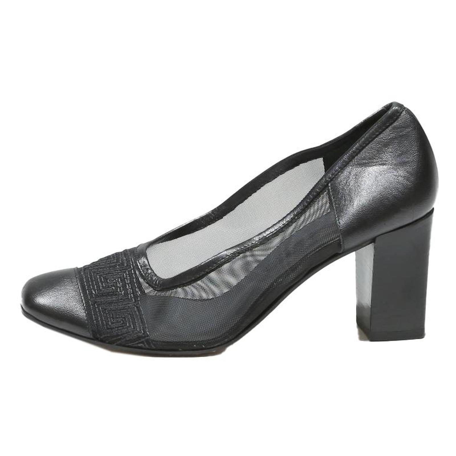 A.BERTI Womens Black Leather Block Heel Court Shoes UK 1 Mesh Trimmed Stylish