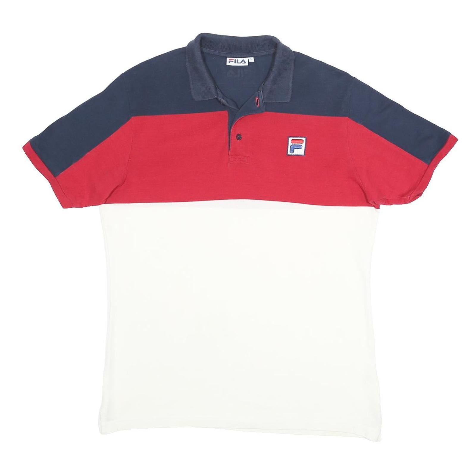 FILA Mens Blue & Red & White Colourblock Polo Shirt XL Cotton Blend Short Sleeve