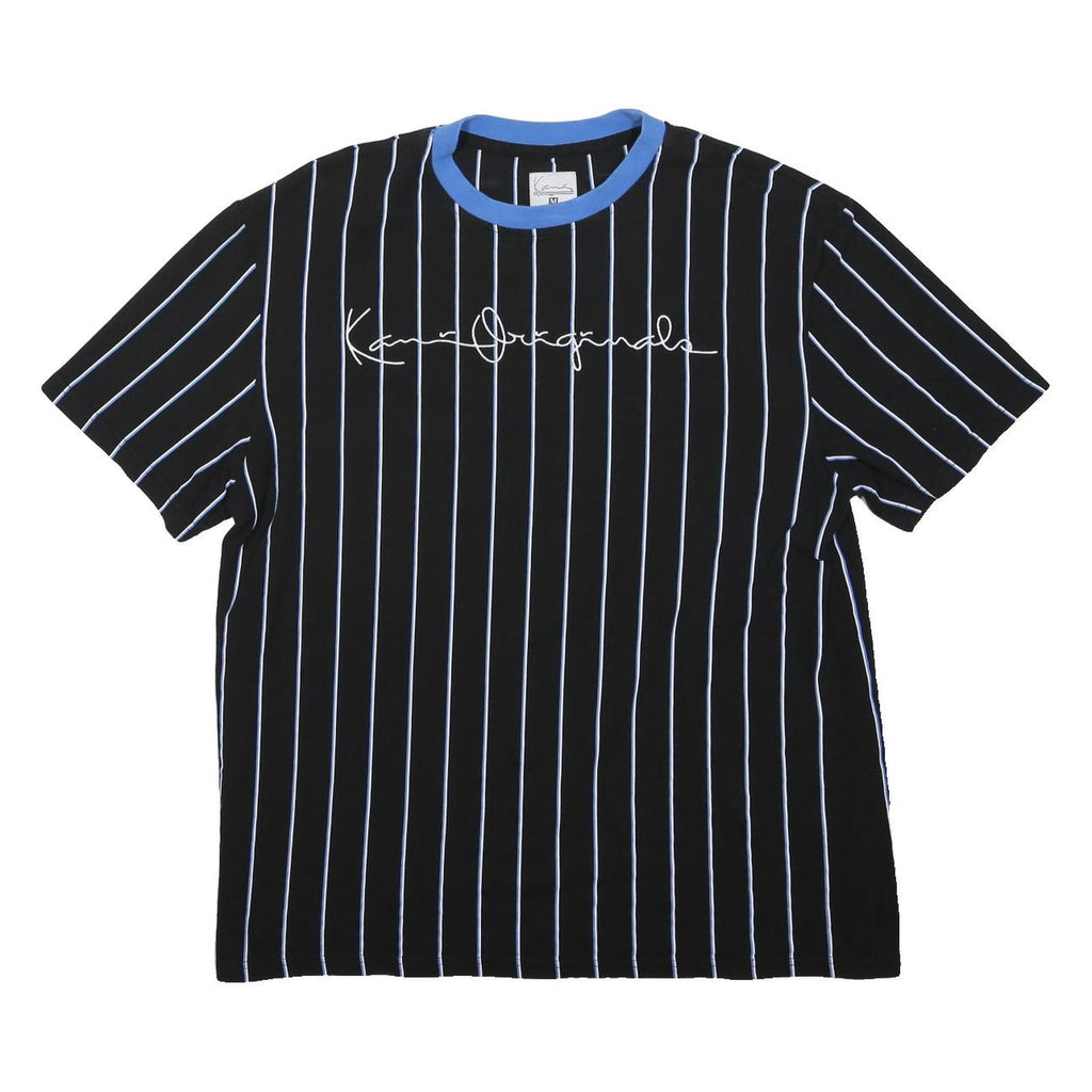 KARL KANI Mens Black & Blue Striped Graphic T-Shirt L Short Sleeve Crew Neck