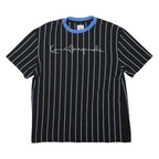 KARL KANI Mens Black & Blue Striped Graphic T-Shirt L Short Sleeve Crew Neck