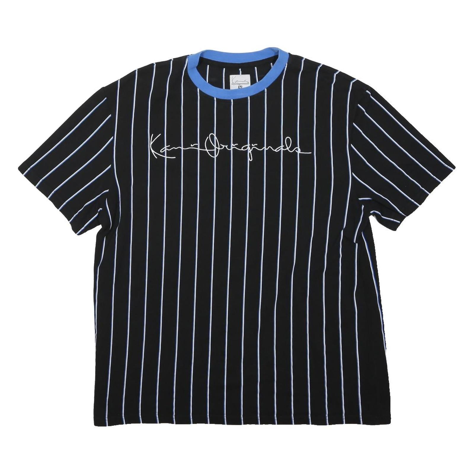 KARL KANI Mens Black & Blue Striped Graphic T-Shirt L Short Sleeve Crew Neck