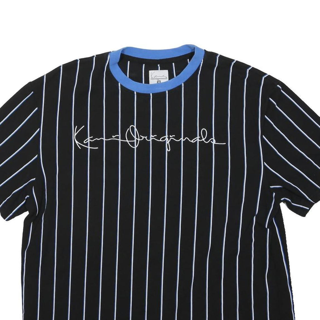 KARL KANI Mens Black & Blue Striped Graphic T-Shirt L Short Sleeve Crew Neck