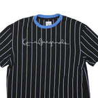 KARL KANI Mens Black & Blue Striped Graphic T-Shirt L Short Sleeve Crew Neck