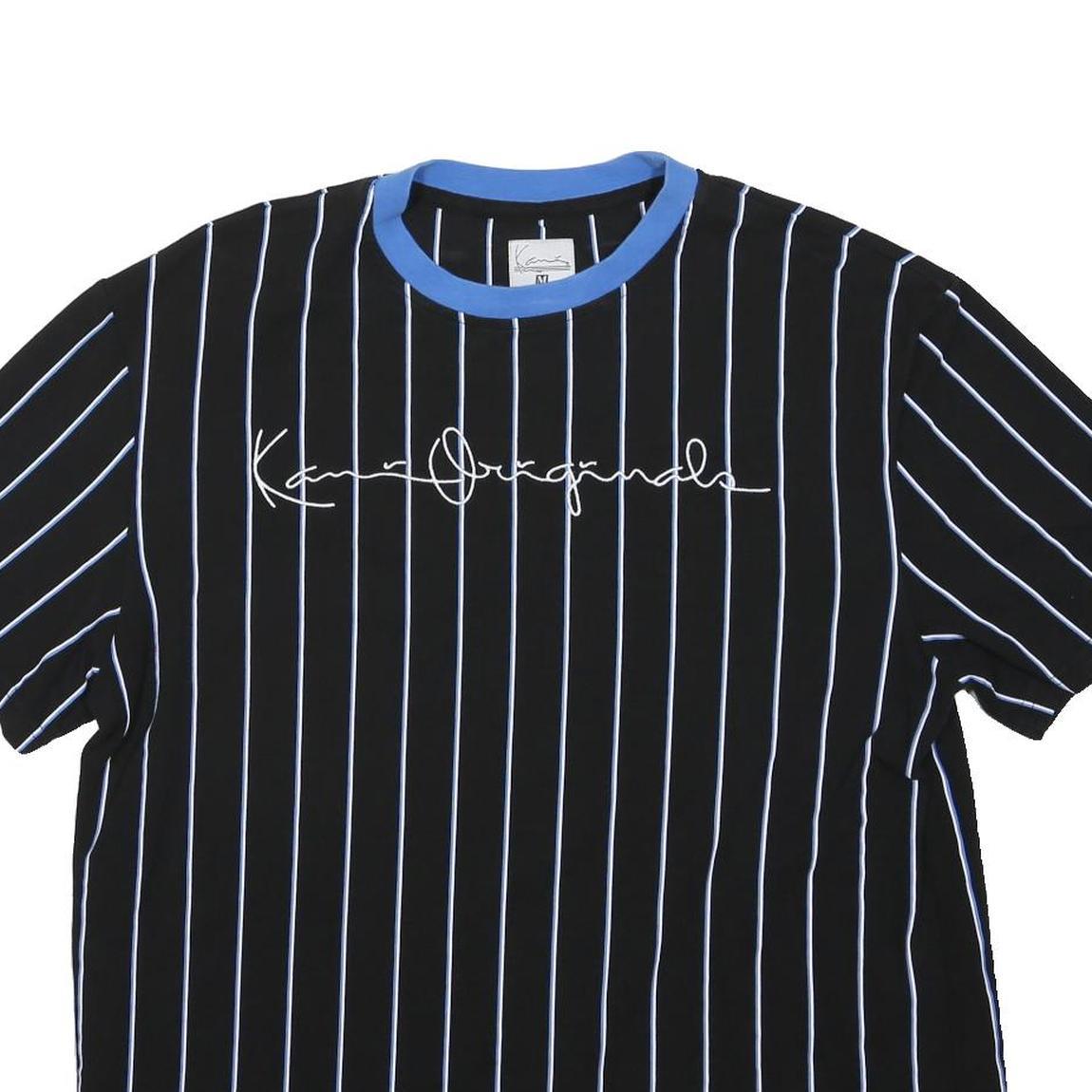 KARL KANI Mens Black & Blue Striped Graphic T-Shirt L Short Sleeve Crew Neck