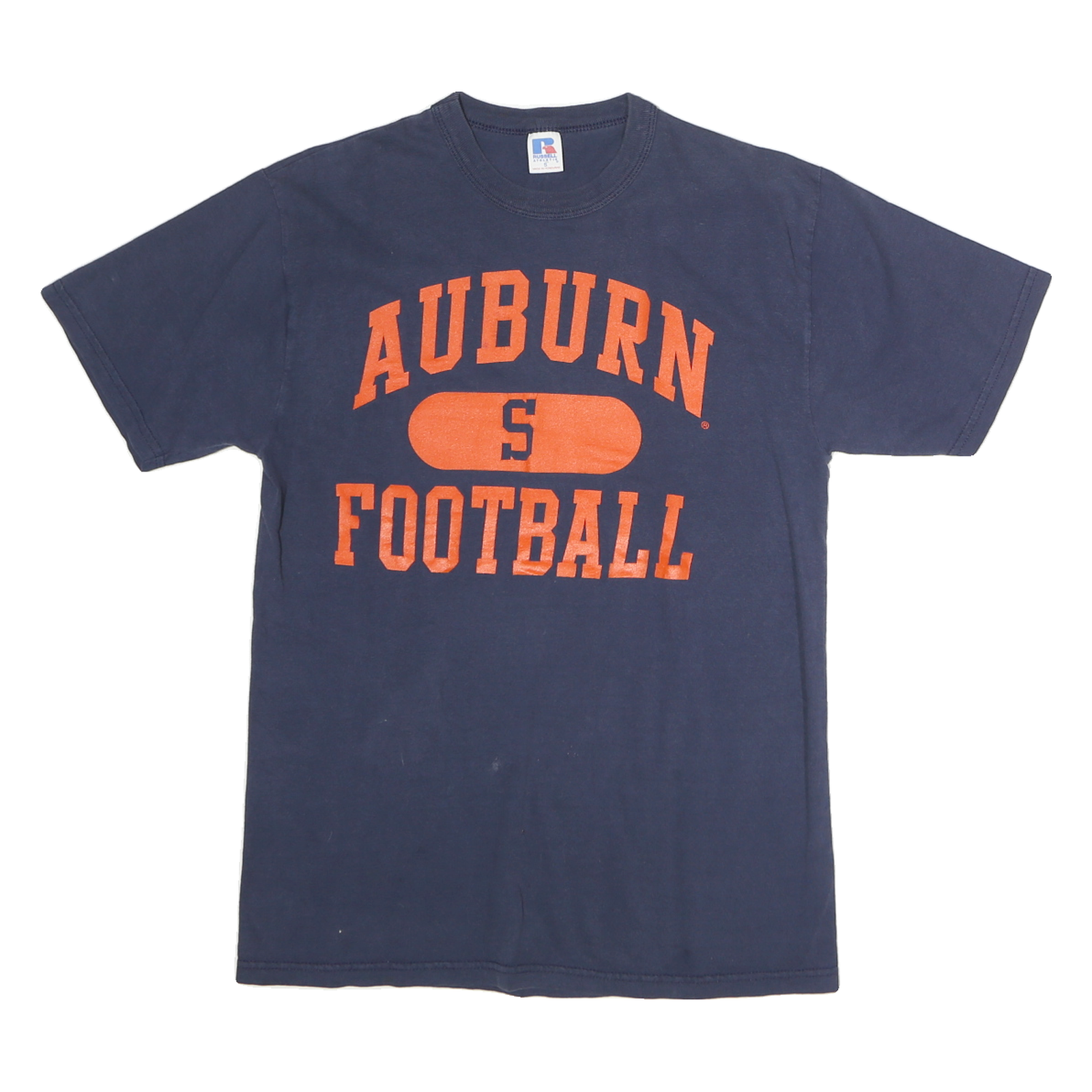 RUSSELL ATHLETIC Mens Blue Auburn Football Graphic T-Shirt S Short Sleeve Crew