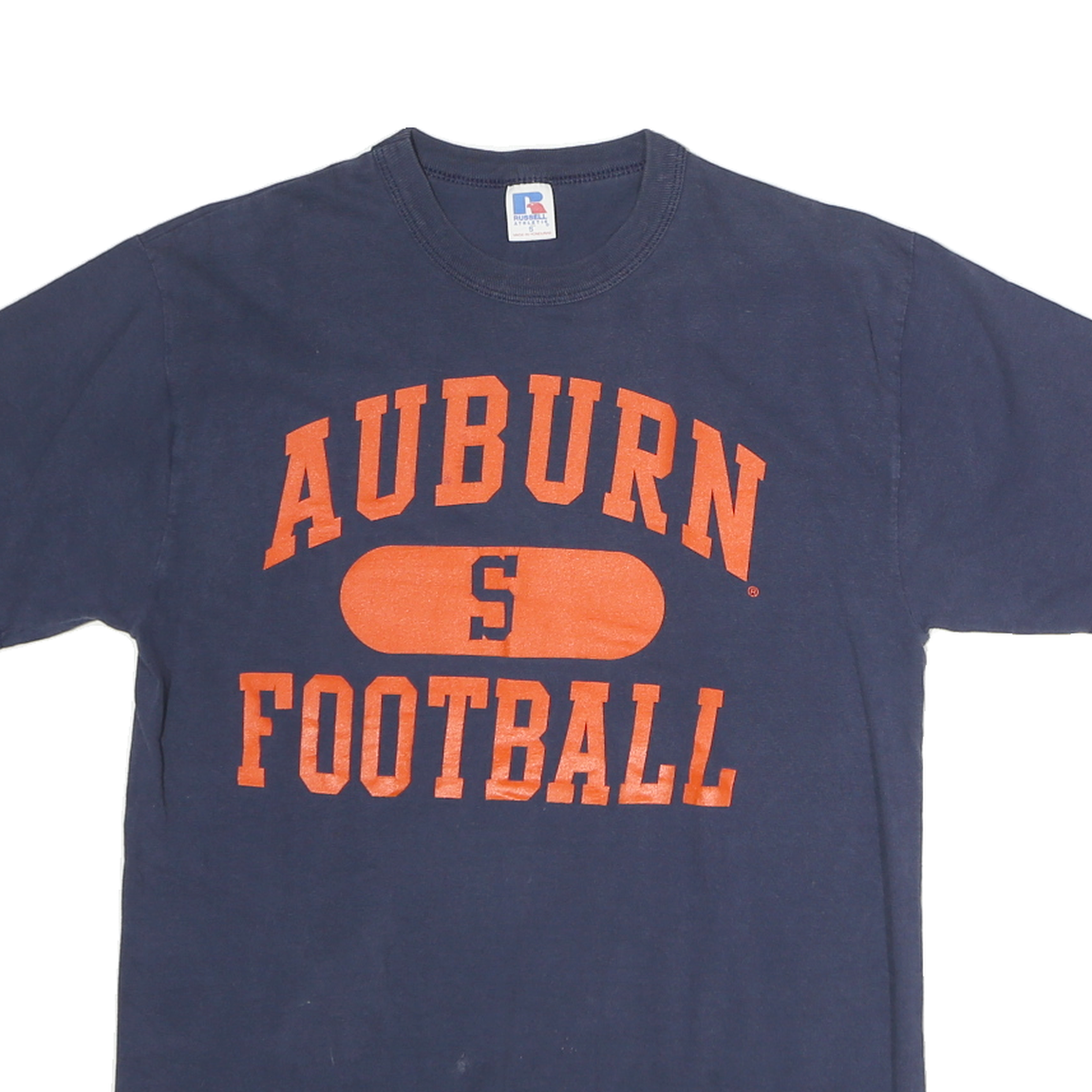 RUSSELL ATHLETIC Mens Blue Auburn Football Graphic T-Shirt S Short Sleeve Crew