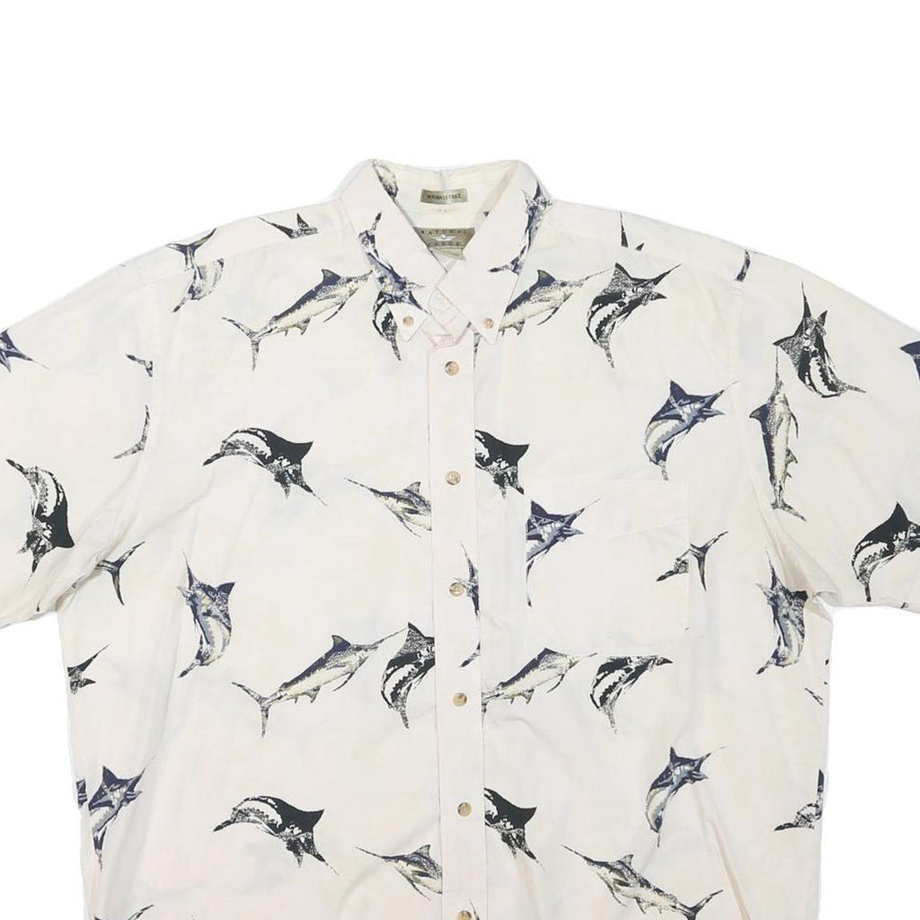 NATURAL ISSUE Mens White & Blue Fish Print Cotton Blend Shirt L Casual Summer