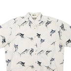 NATURAL ISSUE Mens White & Blue Fish Print Cotton Blend Shirt L Casual Summer