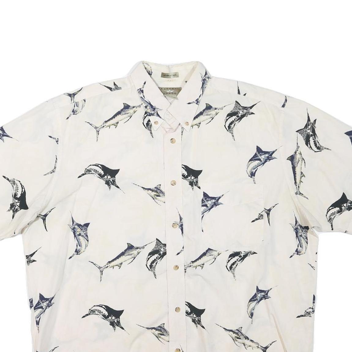 NATURAL ISSUE Mens White & Blue Fish Print Cotton Blend Shirt L Casual Summer