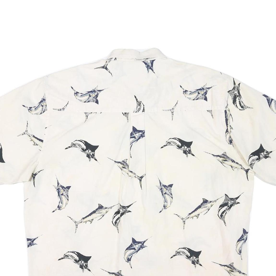 NATURAL ISSUE Mens White & Blue Fish Print Cotton Blend Shirt L Casual Summer
