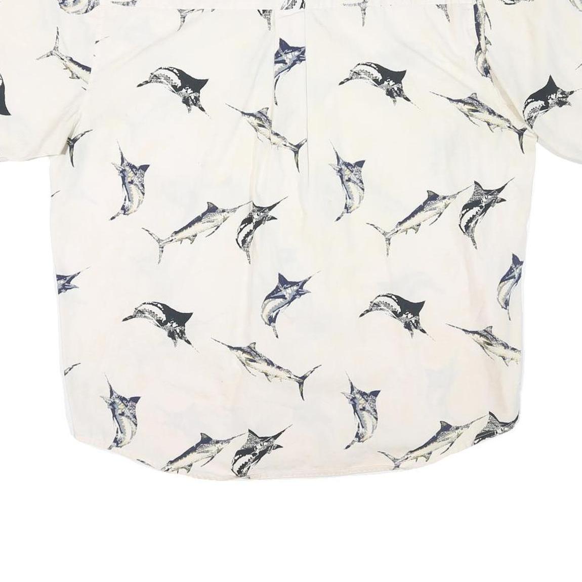 NATURAL ISSUE Mens White & Blue Fish Print Cotton Blend Shirt L Casual Summer