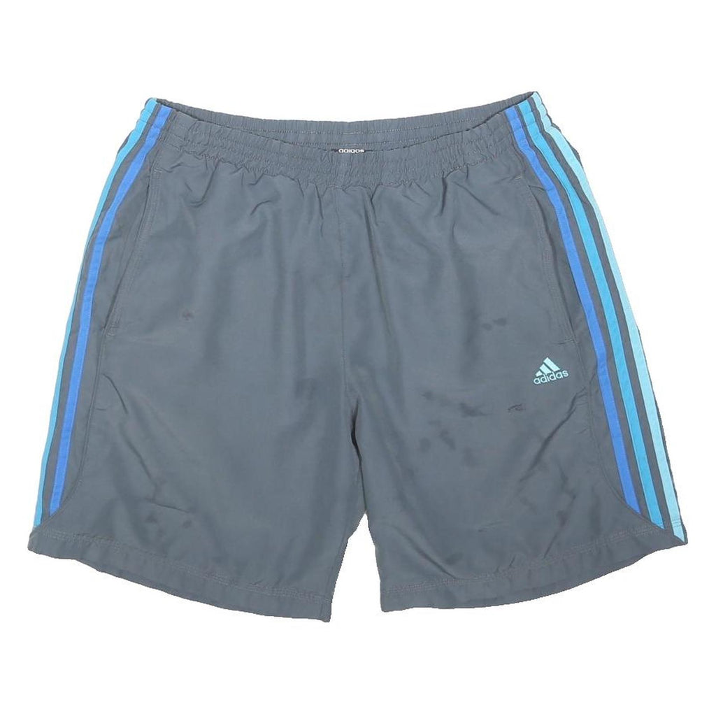 ADIDAS Mens Grey Casual Shorts L W32 Blue Striped Polyester Blend Sports Logo
