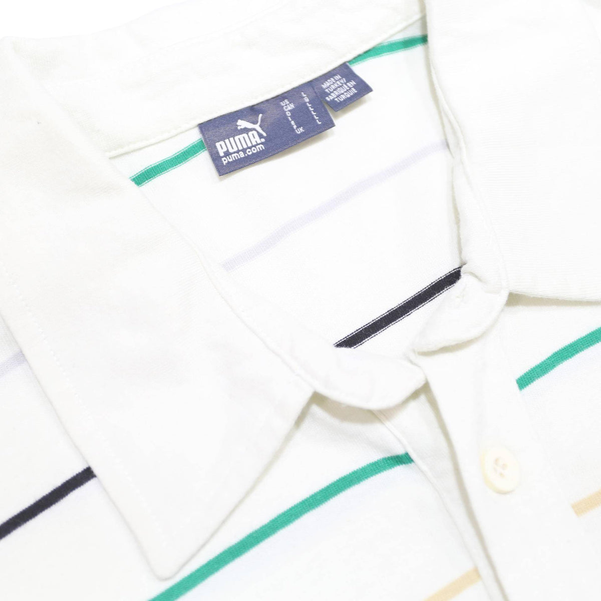 PUMA Mens White Green & Beige Striped Short Sleeve Polo Shirt L Casual Summer