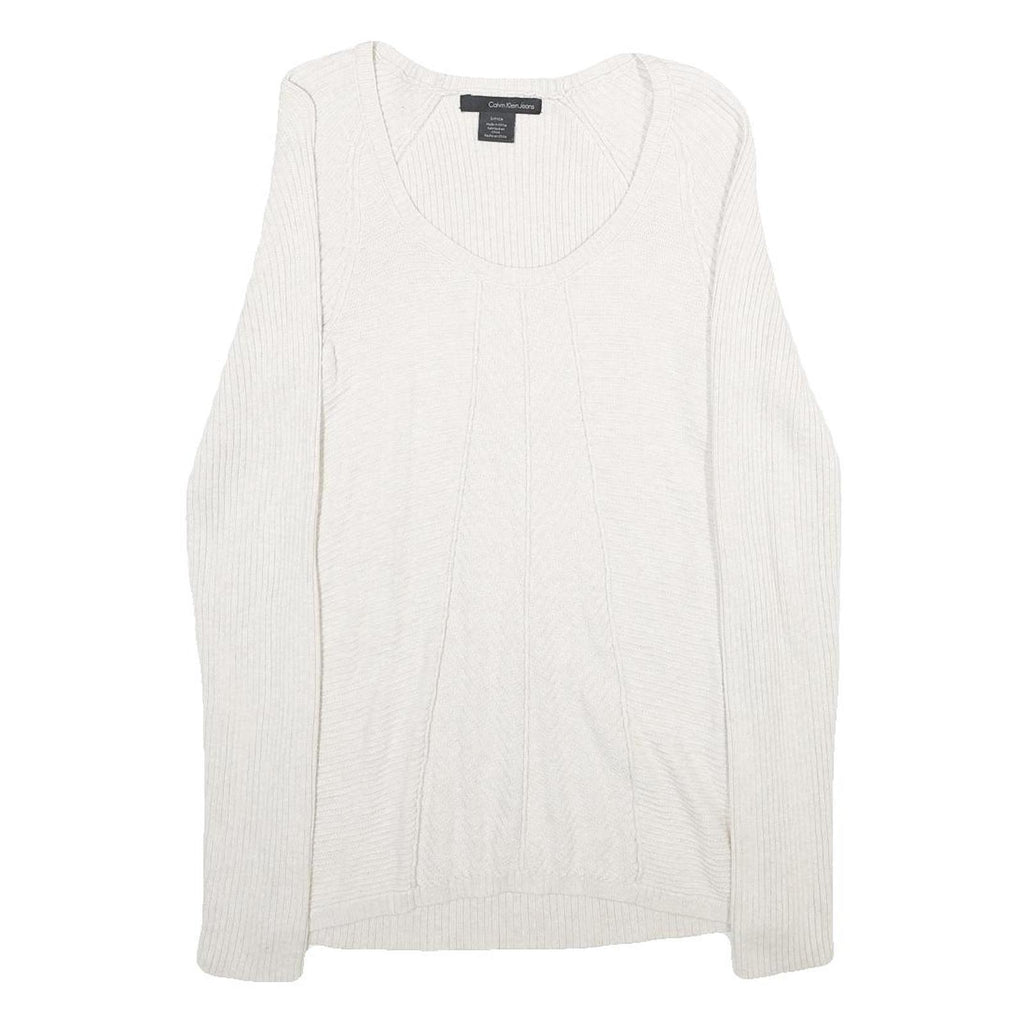 CALVIN KLEIN JEANS Womens White Plain Cotton Blend Jumper Scoop Neck Basic Knit
