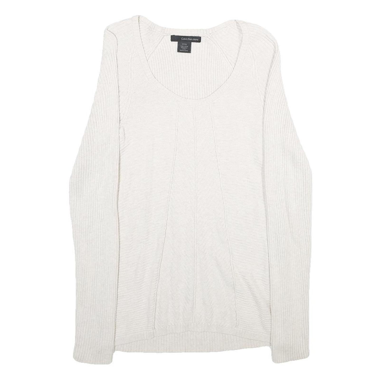 CALVIN KLEIN JEANS Womens White Plain Cotton Blend Jumper Scoop Neck Basic Knit