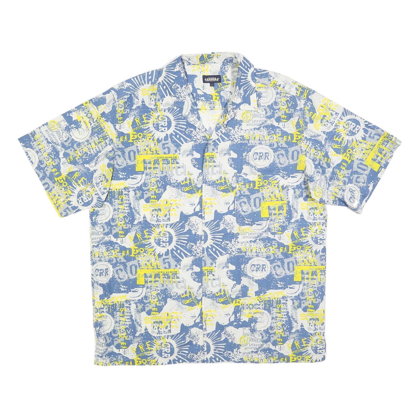 CARRERA Mens Blue & Yellow Graphic Print Shirt L Casual Summer Cotton Blend