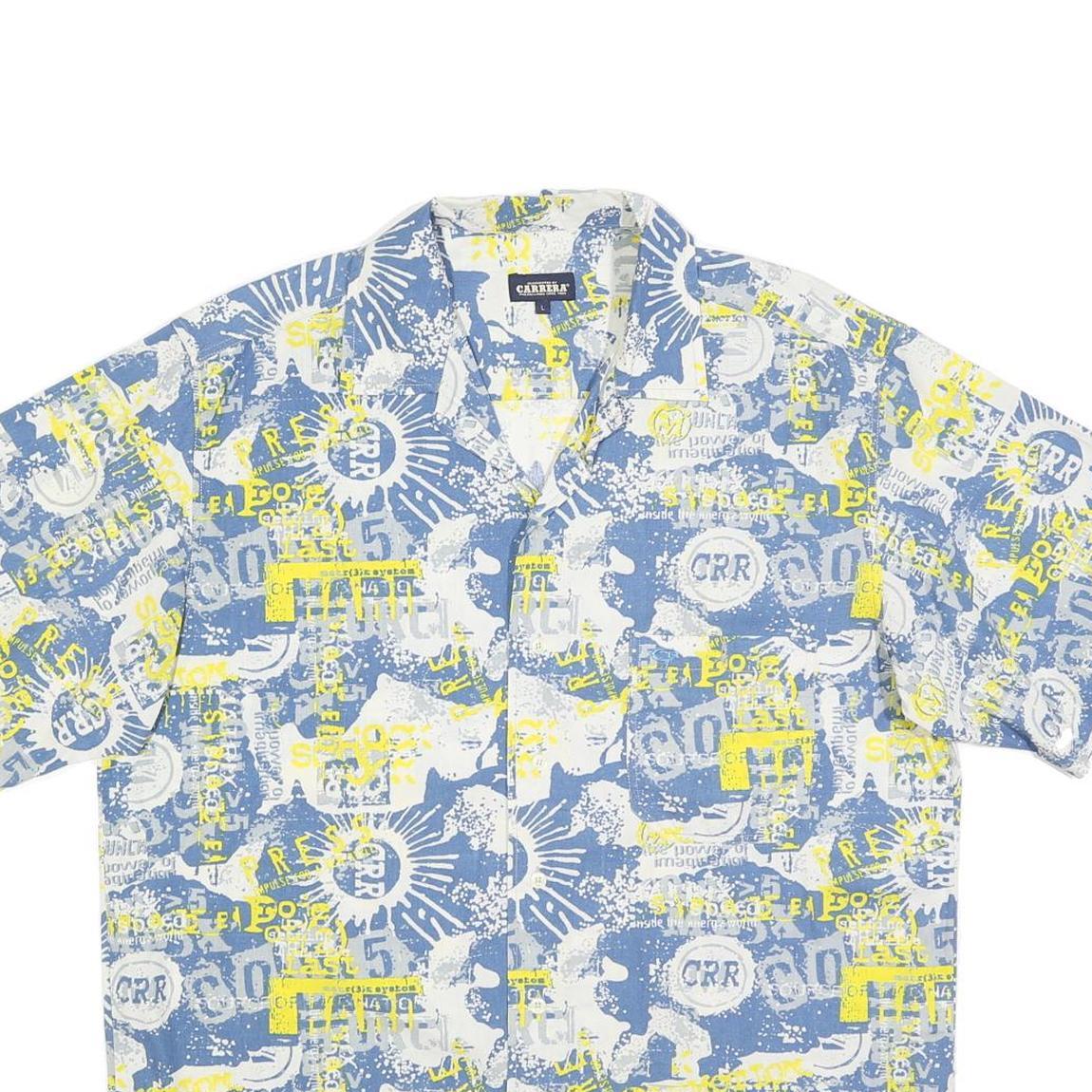 CARRERA Mens Blue & Yellow Graphic Print Shirt L Casual Summer Cotton Blend