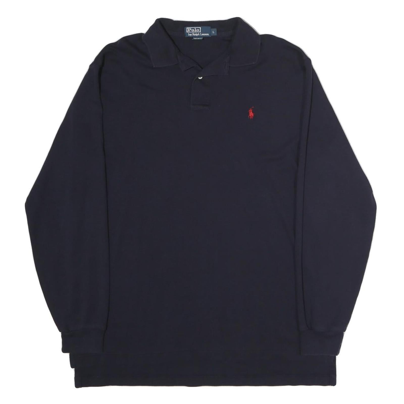 POLO RALPH LAUREN Mens Navy Blue Long Sleeve Plain L Cotton Polo Shirt Classic