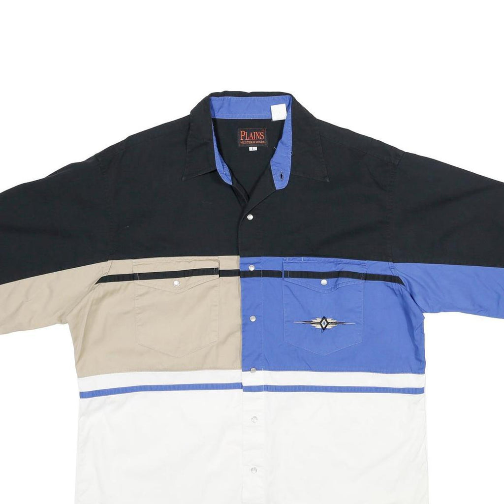 PLAINS Mens Black & Beige & Blue & White Cotton Shirt L Colourblock Button