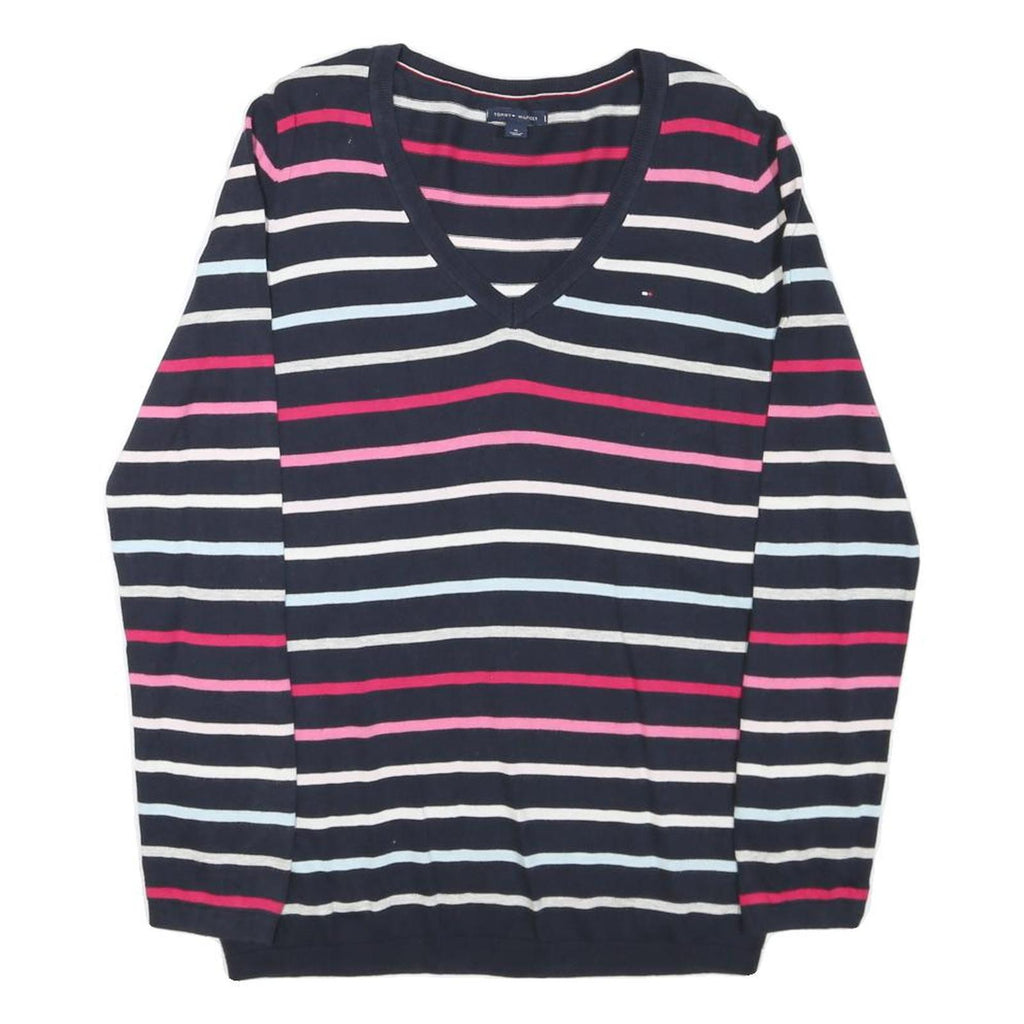TOMMY HILFIGER Womens Navy Blue & Pink Patterned Jumper V-Neck M Cotton Blend