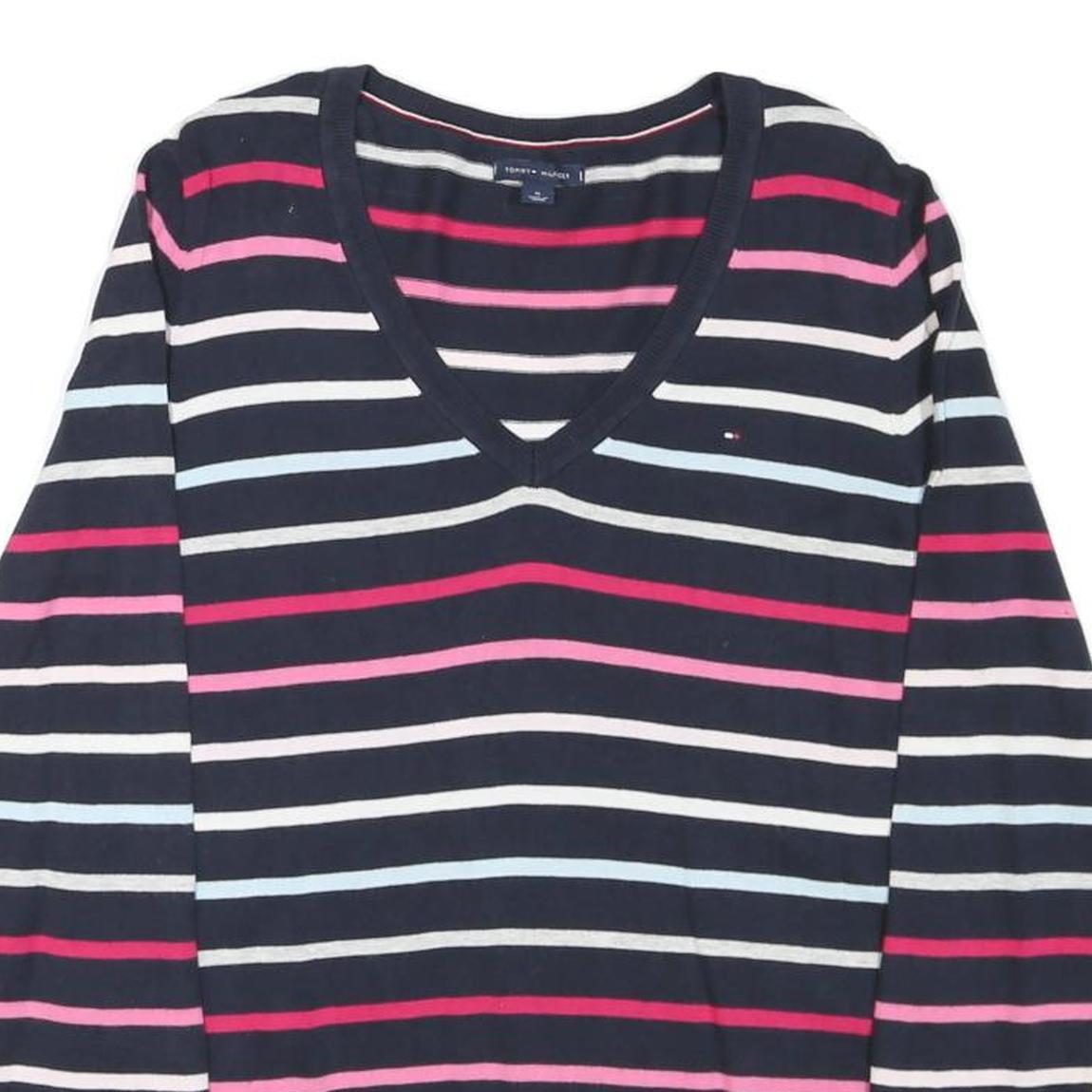 TOMMY HILFIGER Womens Navy Blue & Pink Patterned Jumper V-Neck M Cotton Blend
