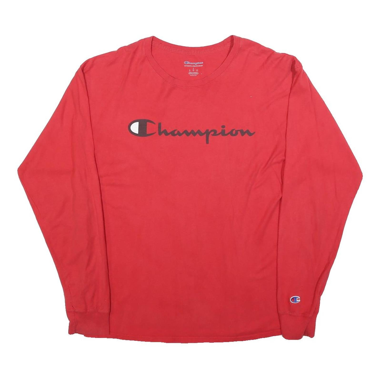 CHAMPION Mens Red Long Sleeve Crew Neck Logo Print T-Shirt L Casual