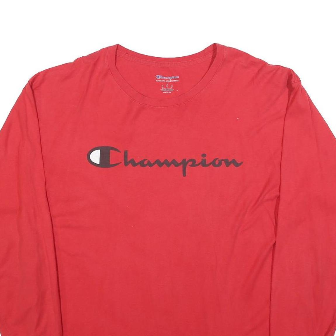 CHAMPION Mens Red Long Sleeve Crew Neck Logo Print T-Shirt L Casual